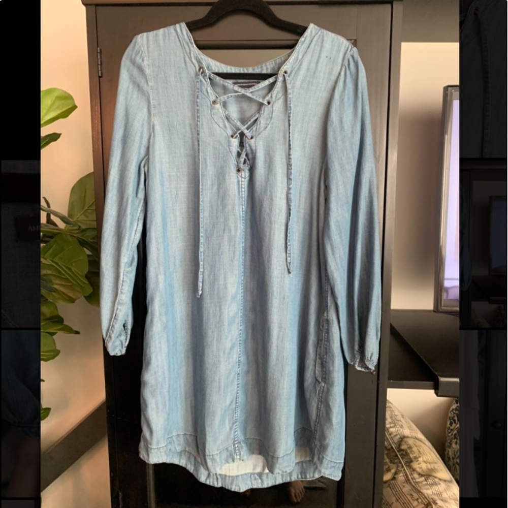 American Eagle Denim Long Sleeve Lace-Up Dress